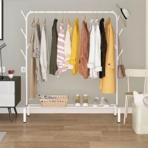 Clothing Rack with Lower Shelf & Side Hooks.